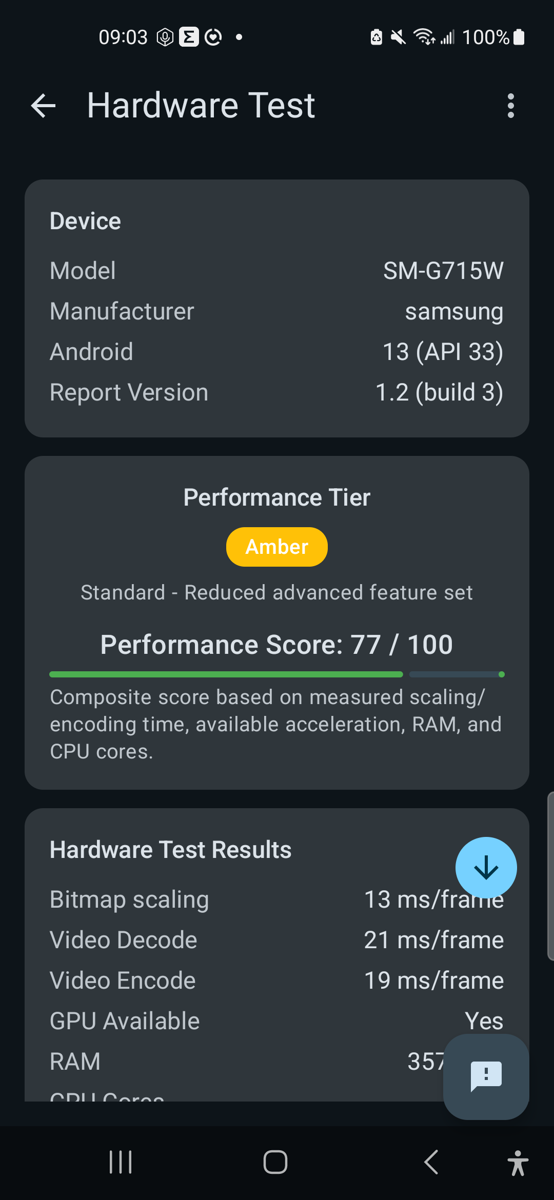 The Hardware Test results screen, showing device model, performance tier, and per-component timings.