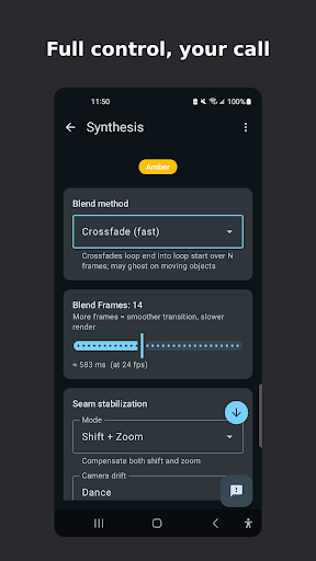 Advanced synthesis controls for blending and seam stabilization.