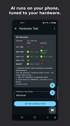 Hardware Test screen checking video-processing components on the phone.