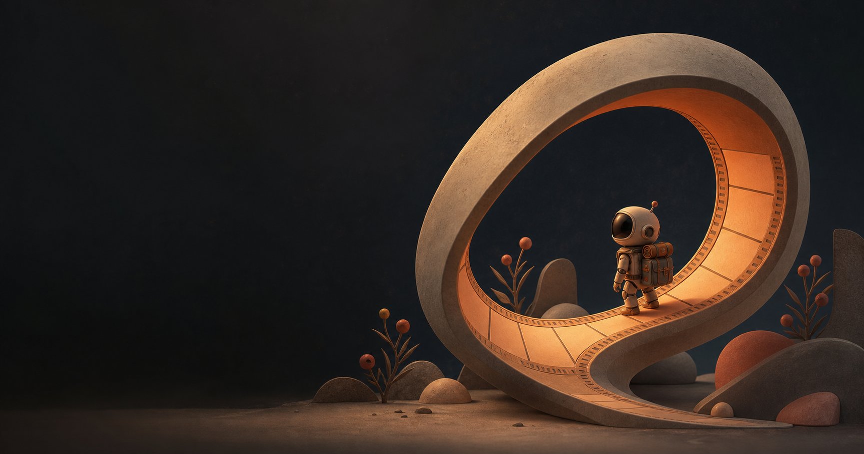A small explorer robot following a glowing loop through a cinematic landscape.